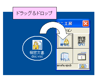 暗号化ファイルをミニ工房にドラッグ